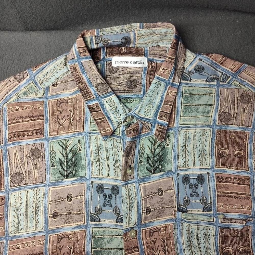 Vintage Pierre Cardin Shirt Mens Large Blue Green Brown Rayon Abstract Print 90s - Picture 2 of 8